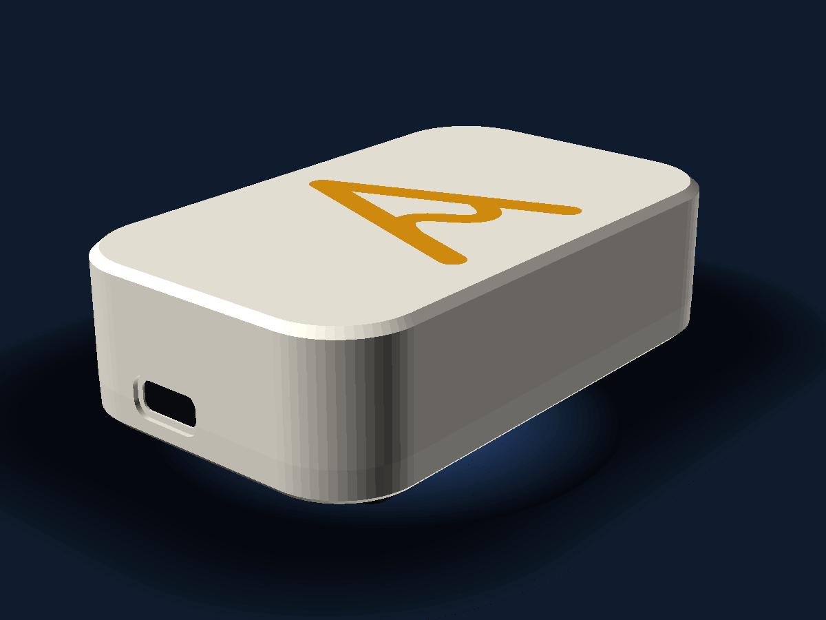 The AmpKeeper Home device: a small white rounded box about 88 mm long and 24 mm tall, with a large orange AmpKeeper "A" mark inlaid flush into the top, a USB-C socket in one end, and four black rubber feet that stand it off the bench so the status LED in its base can wash light onto the surface underneath.